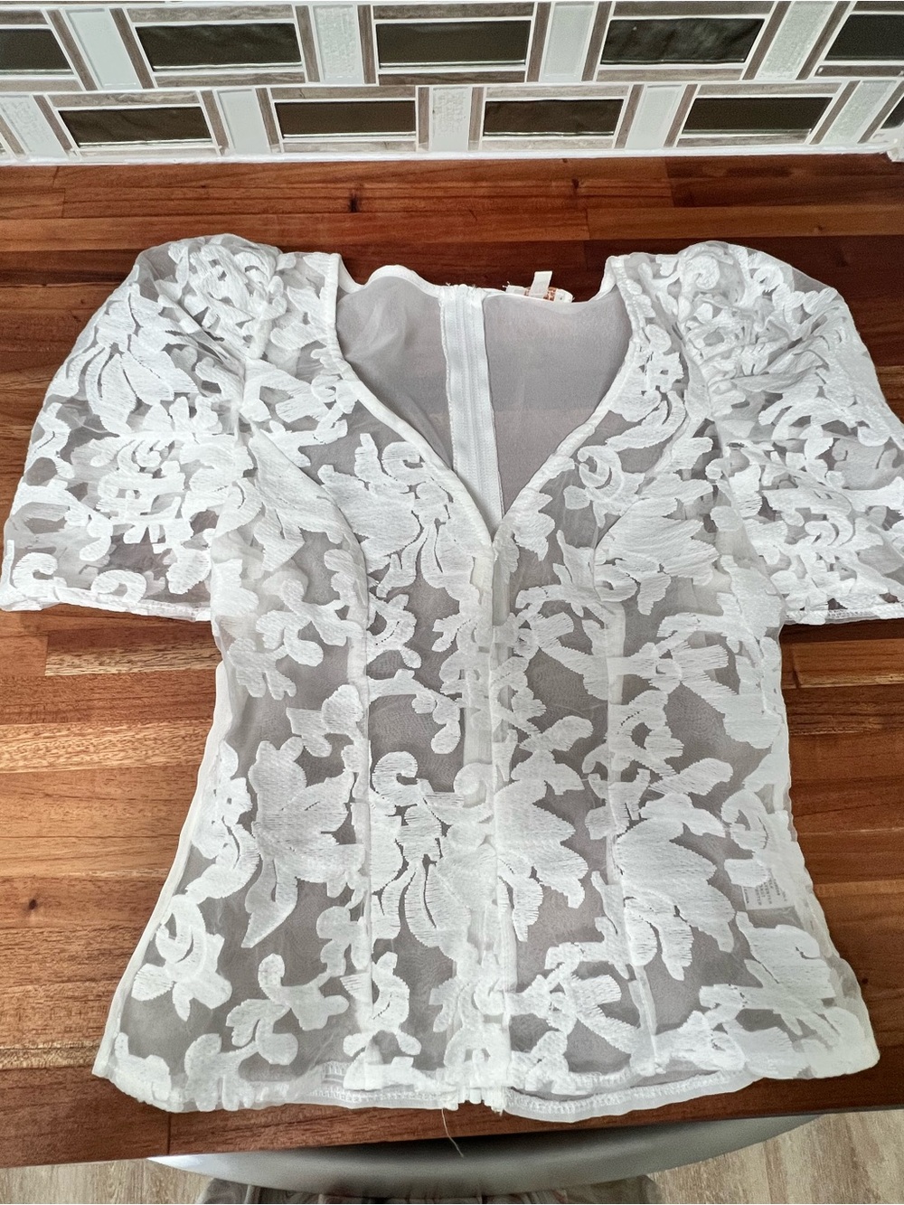 White Sheer Floral Lace Puff-Sleeve Blouse - Women